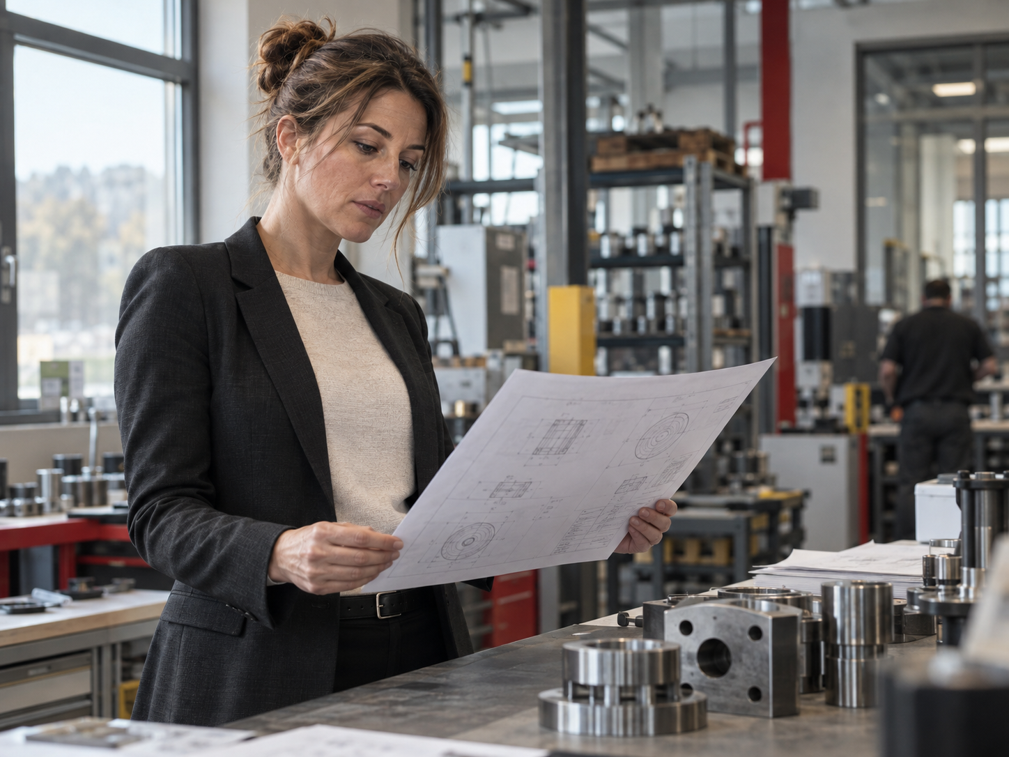 Manufacturing commercial director reviewing a technical drawing in a workshop